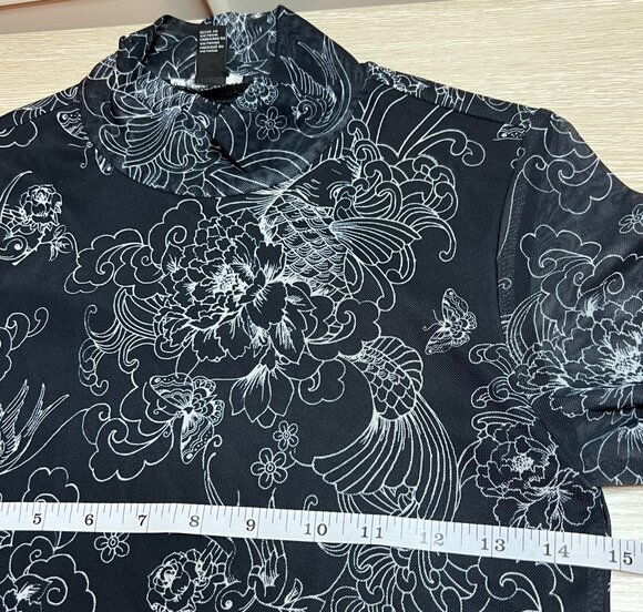 Forever 21 Bodycon Dress Womens M Asian Print Stretch Long Sleeve Mesh Mock Neck - Picture 11 of 14